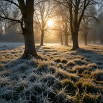 A landscape with frost-covered trees and grass glistening in the morning sun (1)