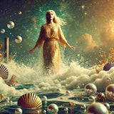 DALL·E 2024-12-04 19.31.20 - A photorealistic depiction of Aphrodite rising from the sea foam, surrounded by floating pearls and shells. She is emerging gracefully from waves shim