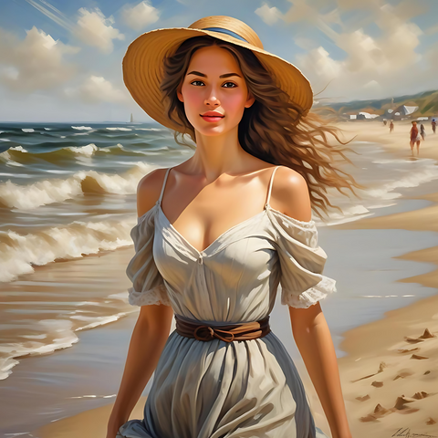 Elegant Woman with Dark Long Hair Walking on the Beach—Coastal Art