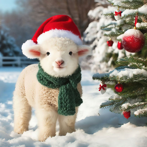 Cute lamb with a scarf and a Santa hat copy