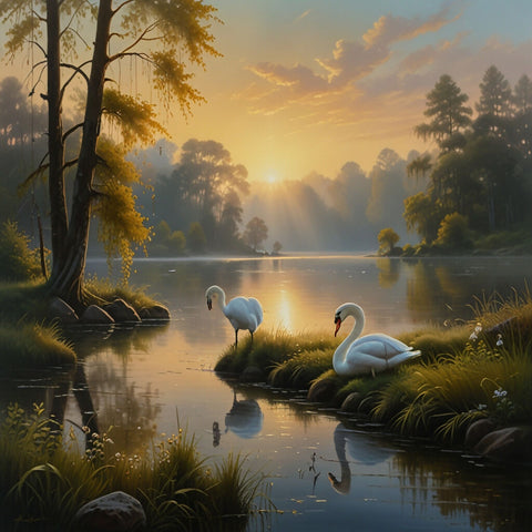 A stunning oil painting of a serene lakeside scene bathed in the warm golden Several elegant white swans float gracefully 3