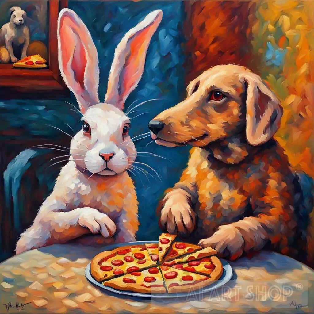 Rabbit and a Dog eating pizza