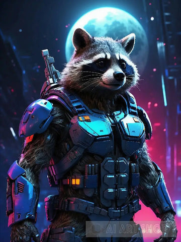 Raccoon In Cyborg Body #1 Ai Artwork