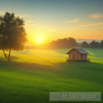 Radiant Sunrise Over A Green Field With Trees And Small Hut Landscape Ai Art