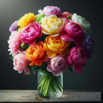 Rainbow Assortment Of Peonies In Clear Vase Ai Artwork