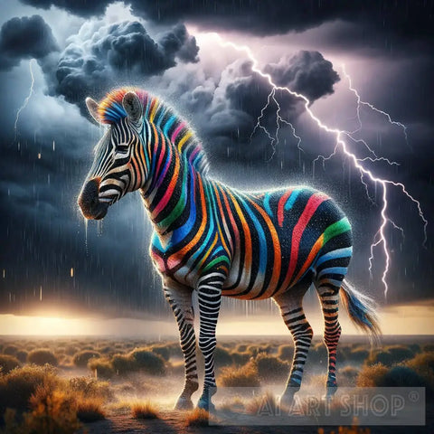 Rainbow Zebra In Savanah Storm Ai Artwork