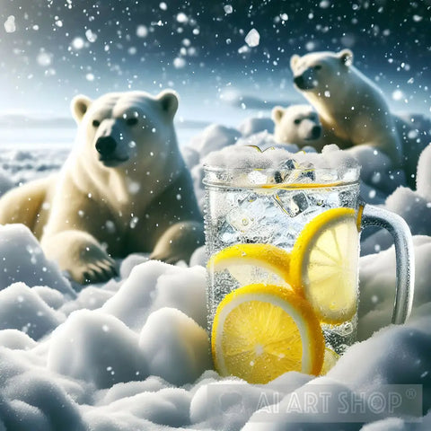 Realistic Image Of A Cold Glass Lemonade Chilling In Pile Snow Polar Bears The Background Nature Ai