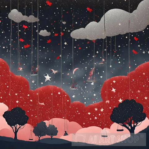 Red Glitter Clouds Landscape Ai Art