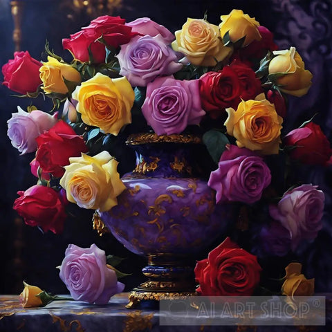 Red Purple And Yellow Floribunda Roses Still Life Ai Art