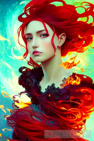 Redhead Woman With Burning Hair And Clothes Portrait Ai Art