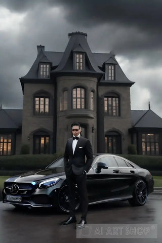 Rich Man Standing Next To Car And House Ai Artwork