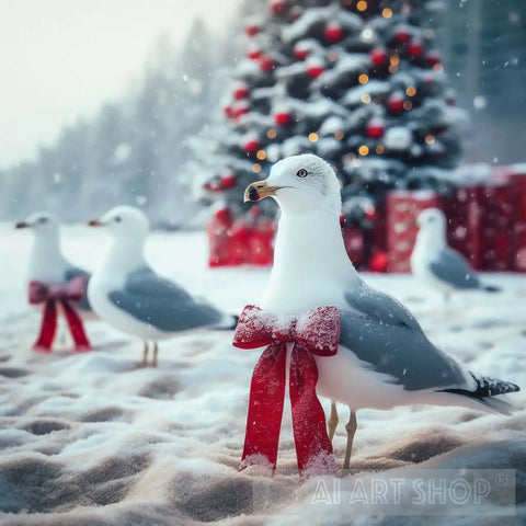 Ring Billed Gull Family Celebrating A Snowy Christmas Ai Artwork