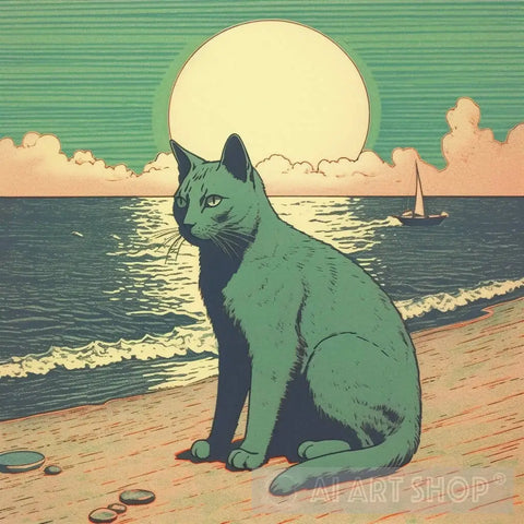 Risograph Of A Cat On The Beach Animal Ai Art