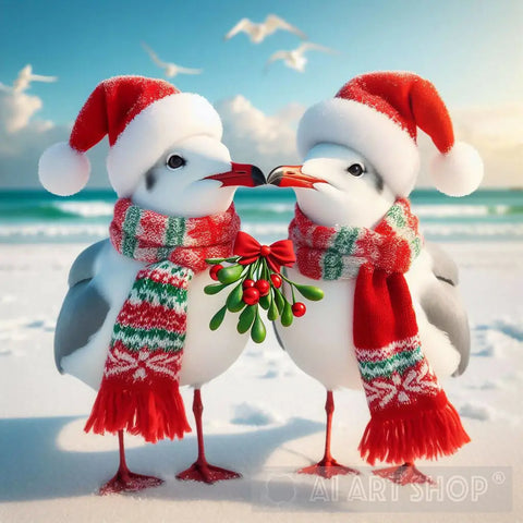 Romantic Christmas Seagulls In Stripped Scarves And Santa Hats Ai Artwork