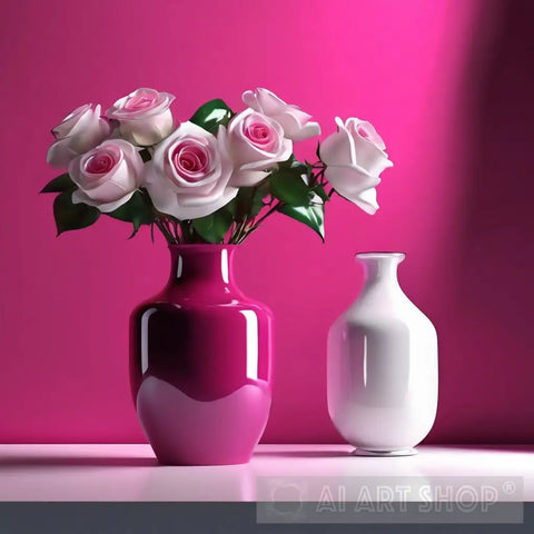 Rose Flowers Still Life In Pink & White 2 Ai Art