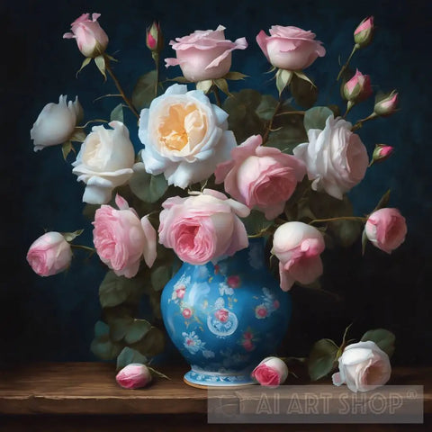 Roses And Rosebuds In Blue Vase Still Life Ai Art