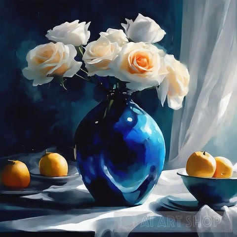 Roses In Blue Vase With Oranges Still Life Ai Art