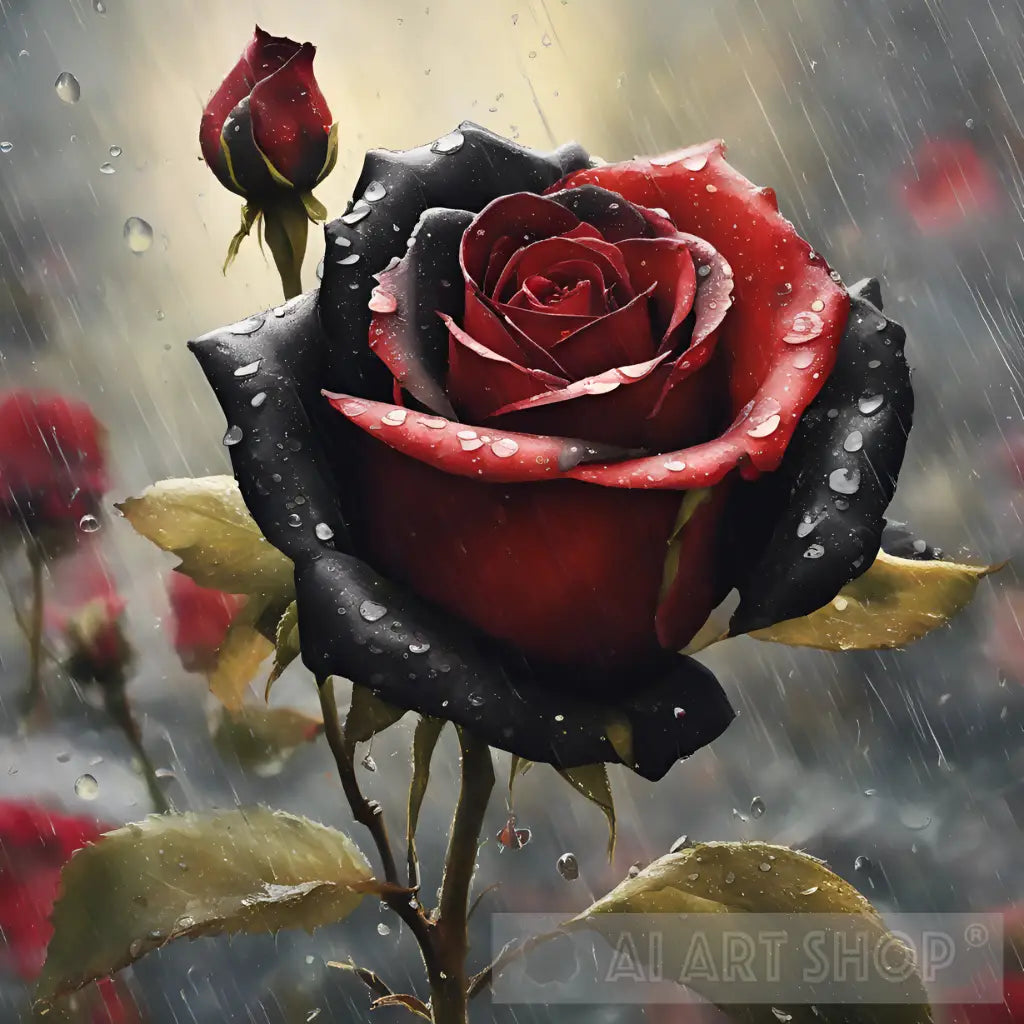 Red and black roses in the rain, flowers, rain