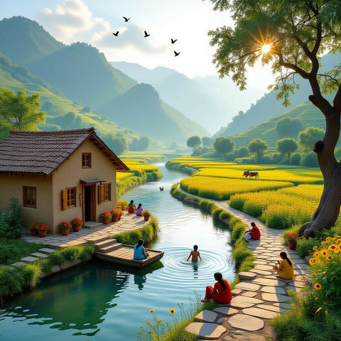 “Golden River Valley Village – Cinematic Premium Wall Mural”
