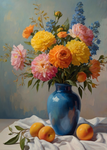 A bouquet of flowers in a blue vase