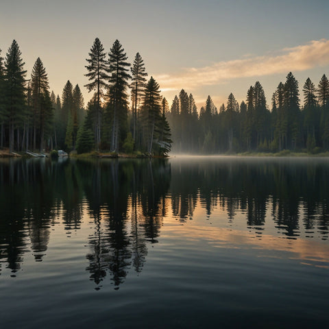 A serene lake surrounded by towering pine trees at sunrise (1)