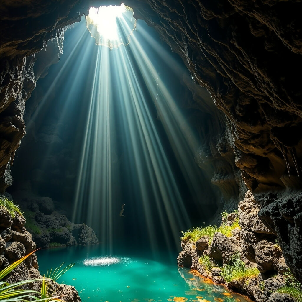Sunbeams Illuminating Hidden Cave Pool