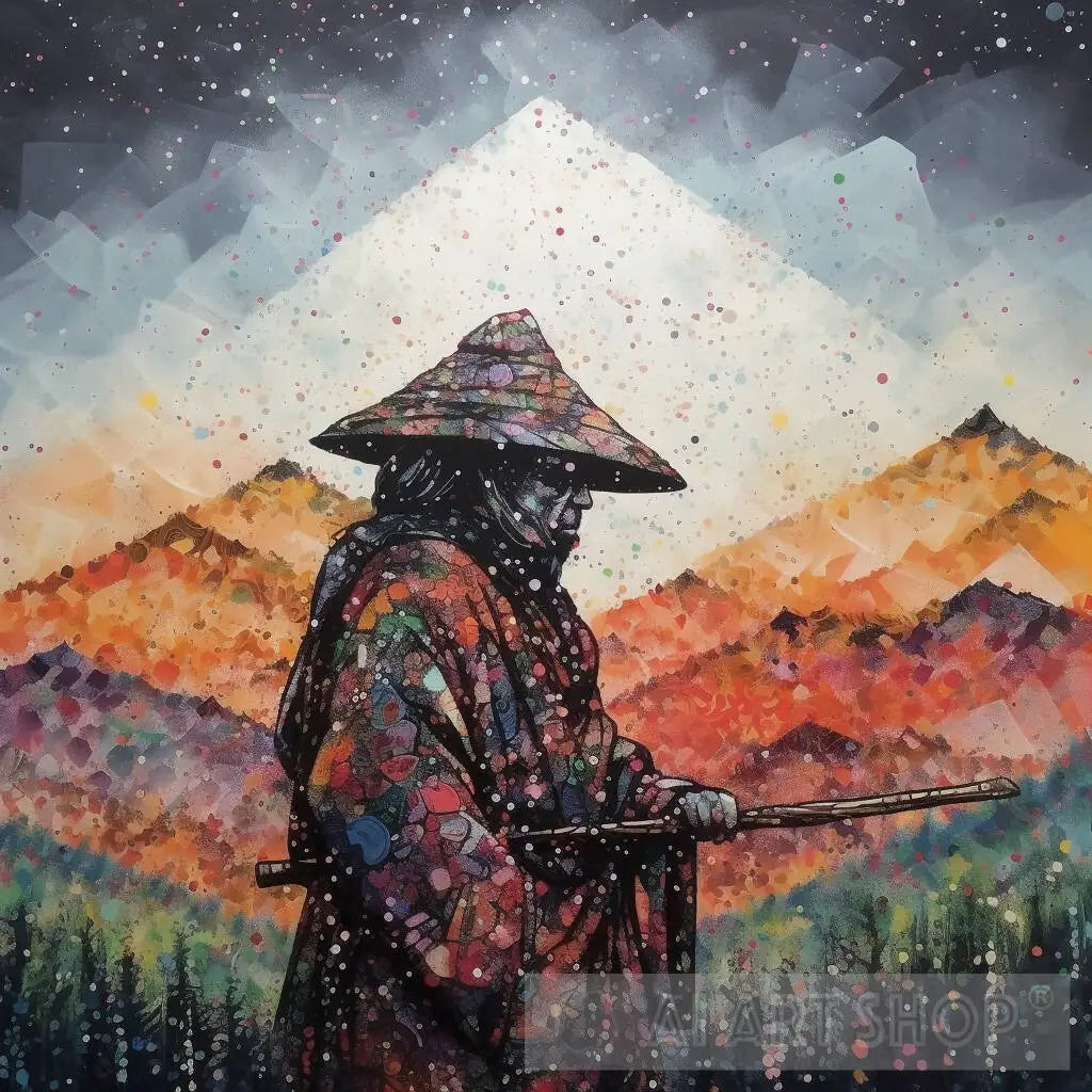 samurai, abstract, walking past mountain