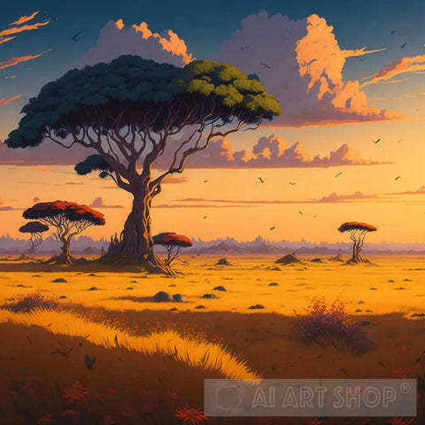 Savanna Sunset Landscape Ai Art