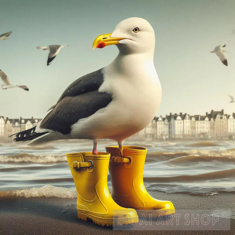 Seagull In Rainboots On The Coast Ai Artwork