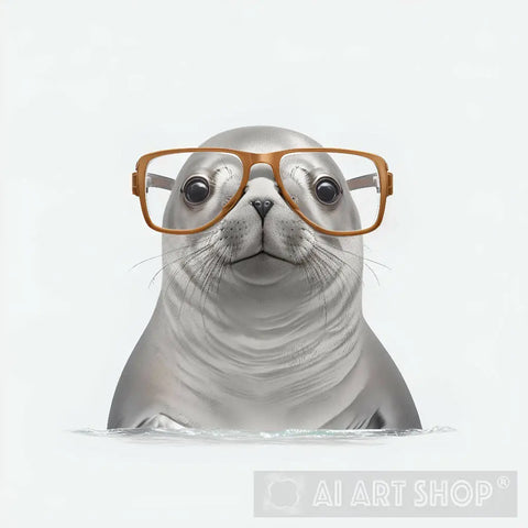 Seal With Small Square Glasses Looking Amused Full Body Is Isolated On A White Background Animal Ai