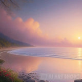 ’Seaside Serenity: A Symphony Of Roses Pine Forests And Sunset Majesty’ Landscape Ai Art