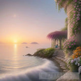 ’Seaside Serenity: A Symphony Of Roses Pine Forests And Sunset Majesty’ Landscape Ai Art