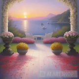 ’Seaside Serenity: A Symphony Of Roses Pine Forests And Sunset Majesty’ Landscape Ai Art