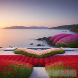 ’Seaside Serenity: A Symphony Of Roses Pine Forests And Sunset Majesty’ Landscape Ai Art