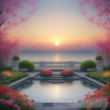 ’Seaside Serenity: A Symphony Of Roses Pine Forests And Sunset Majesty’ Landscape Ai Art