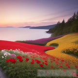 ’Seaside Serenity: A Symphony Of Roses Pine Forests And Sunset Majesty’ Landscape Ai Art