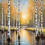 Reflecting Birches by the Water—Stunning Oil Painting