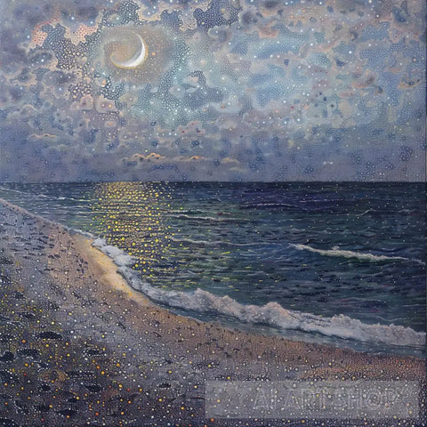 Serene Beach During Lunar Eclipse - Pointillism Art Impressionism Ai