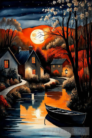 Serene Moonlit River: Tranquil Village Boat Scene In Watercolor Architecture Ai Art