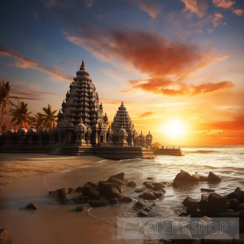 Serene Sunrise Over Indian Temple Ai Artwork