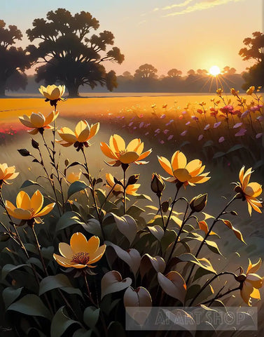 Serenitys Departure: Wilted Flowers At Sunset | Digital Painting Nature Ai Art