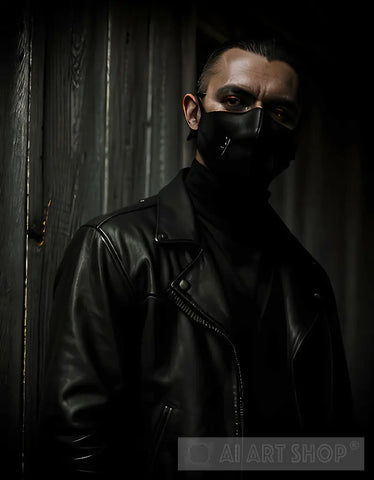 Serial Killer In A Black Mask And Leather Jacket Against Wooden Wall Portrait Ai Art