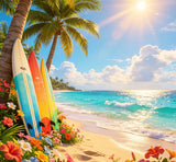 vibrant summer beach digital backdrop with surfboards and tropical flowers