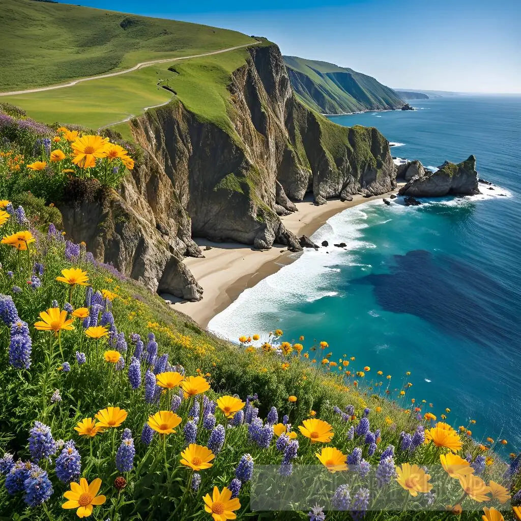 Beautiful nature, high mountains surrounding the ocean, spring flow...