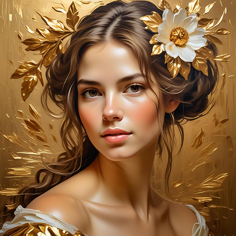 Brown-Haired Beauty with Gold Foil Flowers - Exquisite Oil Painting