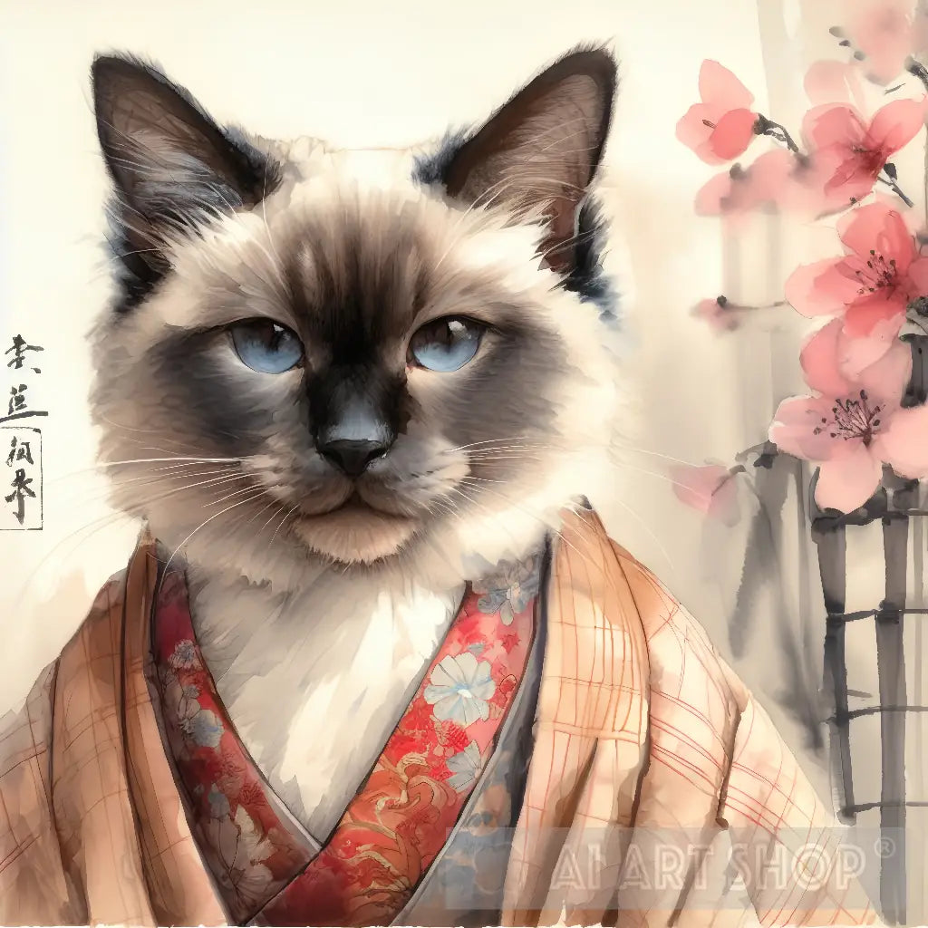 Siamese cat, kimono, painting, Japanese art, cat lover, pet portrai...