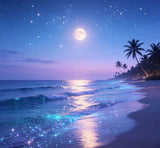 magical beach night photography backdrop with glowing moonlight and palm silhouettes