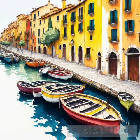 Small Boats Italian Town Ai Artwork