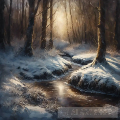 Snow Covered Woodland In Winter Landscape Ai Art