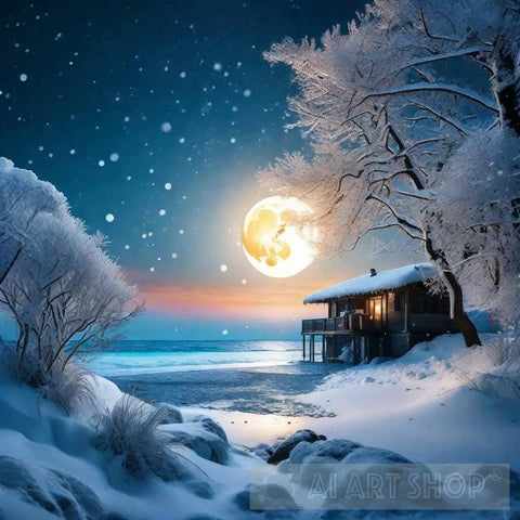 Snow Snowflakes Full Moon Colorful Background Landscape Ai Art